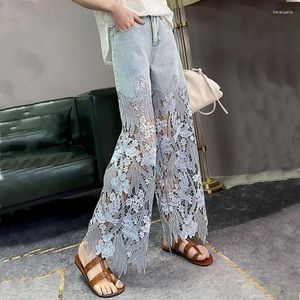 Damesbroek 2024 Zomerstijl Koreaanse mode kanten High Taille Hollow Out Patchwork Straight Jeans Wide Z194