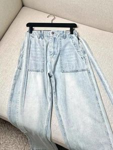 Pantalon féminin 2024 Top End Femmes rétro Coton Blue haute taille large jambe jeans décontractée dame droite à lacets en denim pantalon