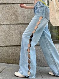 Pantalon femme 2024 Vintage ample jambe large jean pour femmes taille haute Sexy perle creux coréen décontracté pantalon droit