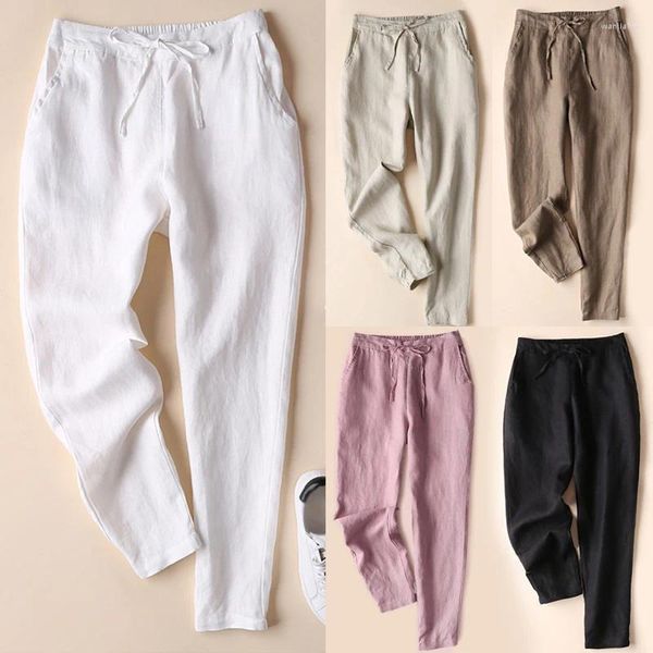 Pantalones de mujer 2024, pantalones finos sueltos de lino y algodón para mujer, pantalones informales de cintura media de Color sólido para primavera y verano