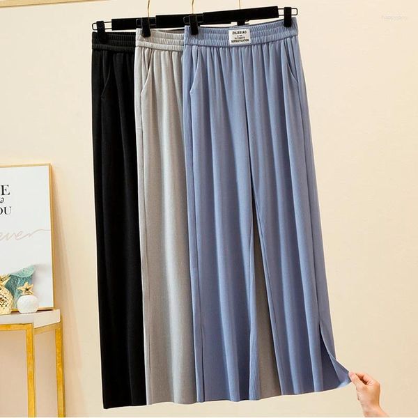 Pantalones para mujer 2024 mujeres suave seda de hielo pantalones de cintura alta etiqueta de letra suelta verano cordón cordón hasta pierna ancha elástica