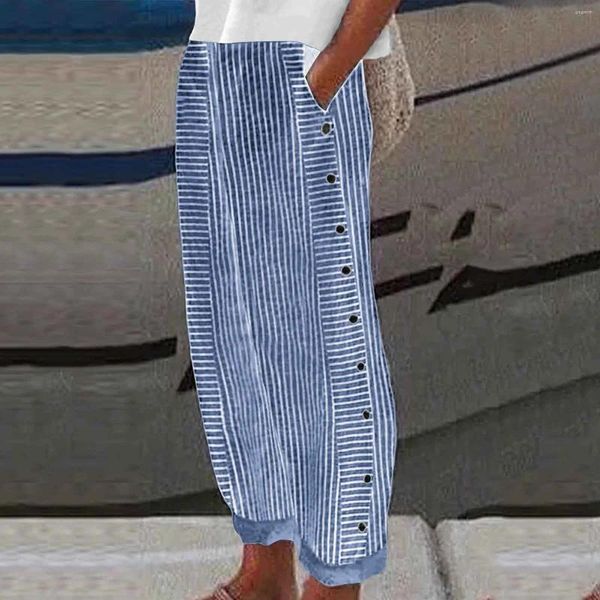 Pantalon féminin 2024 Femme Fashion Summer Bouton imprimé à rayures Casual polyvalent en vrac Nine Point Lattice Plus pantalon de taille