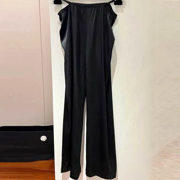 Pantalon Femme 23Casal Noir Droite Mode Piste Taille Élastique Strass Design Soie Pantalon Long Simple Polyvalent Femmes Vêtements