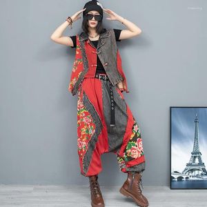 Damesbroeken 2pcs Chinese stijl Zomer Set Women Vintage Design Long Pak Denim gesplitste onregelmatige vest Plus size cross-pants