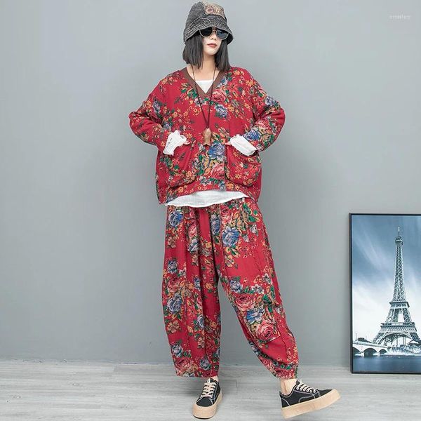 Pantalones de mujer 2 piezas Conjunto de ropa de diseño vintage Traje de impresión de estilo chino Cuello en V Jerseys de manga completa Camisa Bloomers Pantalones Kit