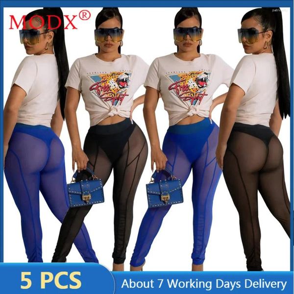 Pantalon féminin 5pcs Articles de gros pour affaires Sexy Mesh Femmes Voir à travers BodyCon Leggings Streetwear Full Longueux pantalon M8760_2