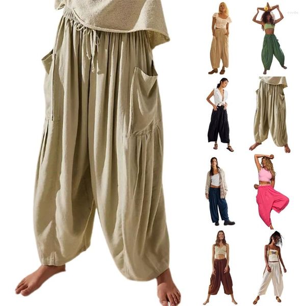 Pantalones de mujer 95AB, pantalones de cintura alta para mujer, pantalones de playa holgados de pierna ancha a juego de Color sólido, pantalones holgados Hippie Harem para mujer