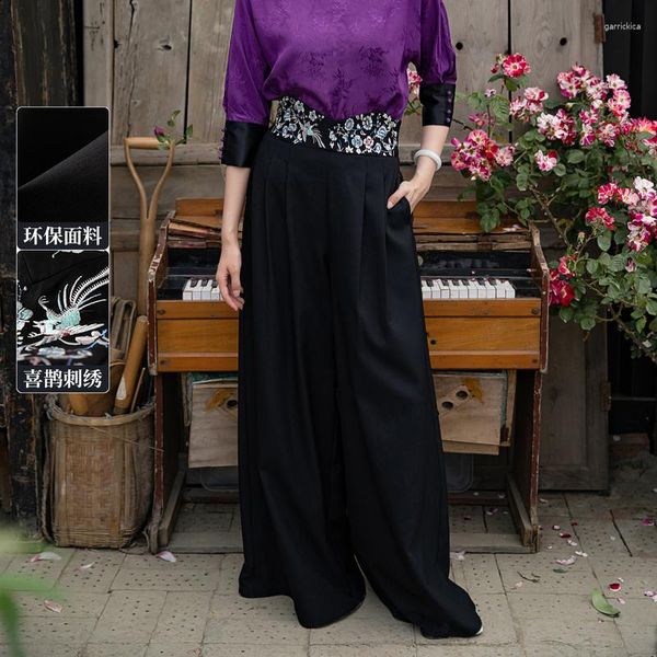 Pantalons pour femmes Une vie sur la gauche Femmes Loose Wide Leg Lace Up Taille haute Eastern Traditionnel Plum Blossom Magpie Pantalon de broderie