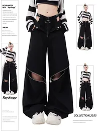 Damesbroek Audagirl Black Cargo Sweatpants Women Y2K Fashion Baggy Zipper Hollow Out High Taille Wide Leg Sport Hip Hop Causal broek