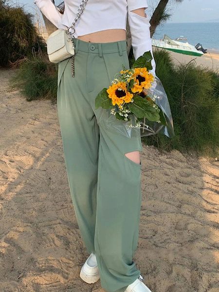 Pantalon femme ADAgirl vert jambe large pantalon déchiré ample Vintage Palazzo bureau élégant pantalon décontracté Mujer travail porter Chic