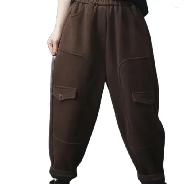 Pantalones de mujer agregar terciopelo acolchado Harem invierno marrón negro cálido pierna ancha suelta bolsillo cintura elástica Pantalones femeninos