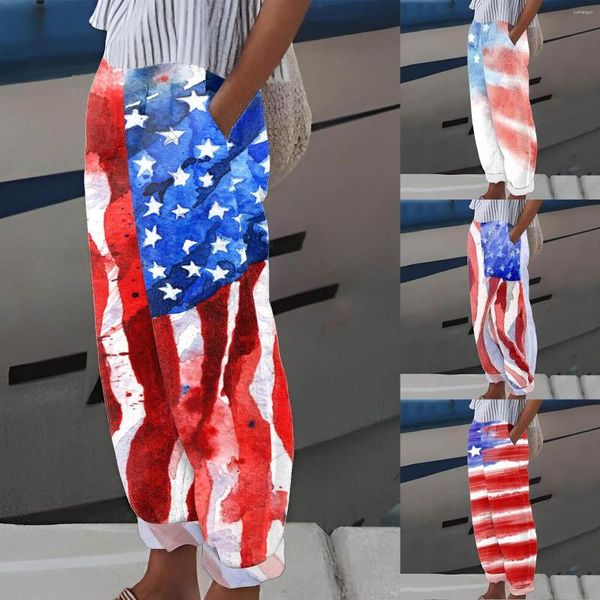 Pantalon femme drapeau américain imprimé étoiles et rayures taille élastique Sexy pantalon évasé été rue mode L5