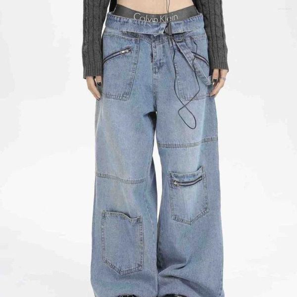 Pantalones de mujeres y jeans de ropa de calle con diseño de nicho para hombres Mujeres múltiples bolsillos con cremallera Tubo recto