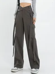 Pantalon Femme Aoaiiys Cargo pour femme Chic Crossover Tie Poches High Streets Droite Mode Taille Pleine Longueur Pantalon