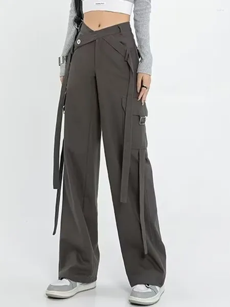 Pantalones de mujer Aoaiiys Cargo para mujer Chic Crossover Tie Bolsillos Calles altas Pantalones rectos de moda con cintura completa