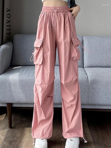 Pantalones para mujer Aoaiiys Pink Cargo Mujeres 2023 Sporty Otoño Casual Cordón Elástico Cintura Sólido Ancho Pierna Streetwear Simple Mop