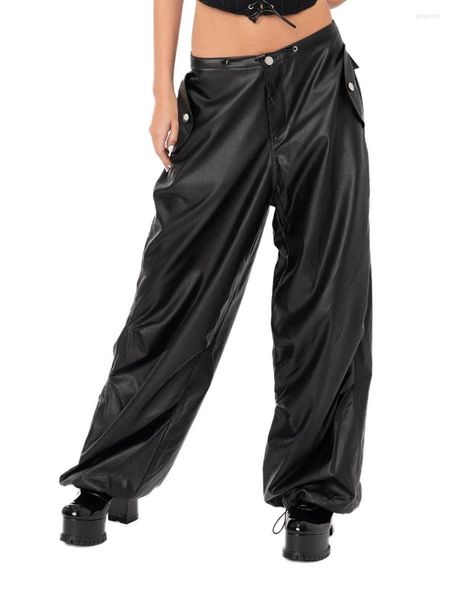 Pantalons pour femmes arrivée femmes en cuir PU Cargo taille basse couleur unie lâche survêtement avec poches S-XL
