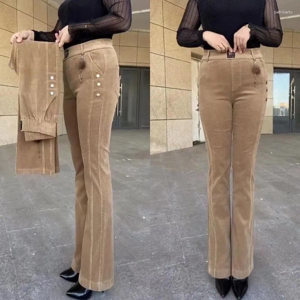 Pantalons pour femmes automne et hiver mode couleur unie poche édition coréenne polyvalent ample taille haute élastique velours côtelé Flare