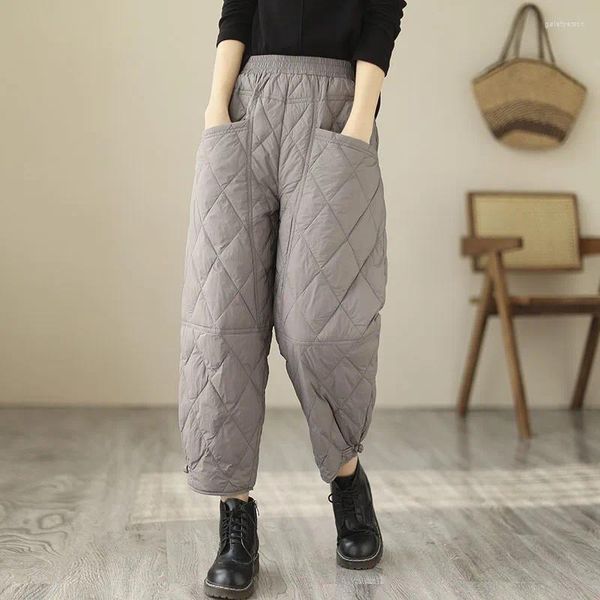 Pantalones de mujer Otoño e Invierno Color sólido rombo abajo hebilla Retro algodón acolchado grueso cálido pantalones de cintura elástica