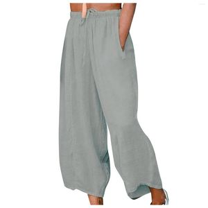 Pantalones para mujer Otoño Algodón Lino Capri Mujeres Sueltas Clásico Color Sólido Mediados de cintura para pantalones grises hasta la pantorrilla