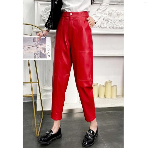 Pantalones de mujer otoño moda cuero genuino tiro alto noveno C819