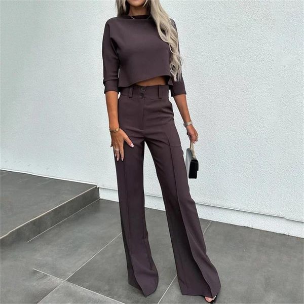 Pantalones de mujer, camisa corta de media manga de otoño, conjunto de pierna ancha para mujer, trajes OL lisos elegantes con cuello alto y cintura acampanada