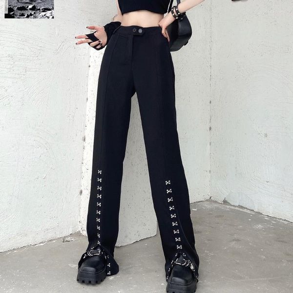 Pantalon femme Automne High Street Femmes Noir Mode Gothique Été Taille Fourche Fendue Lâche Droite Pleine Y2K Pantalon Femme