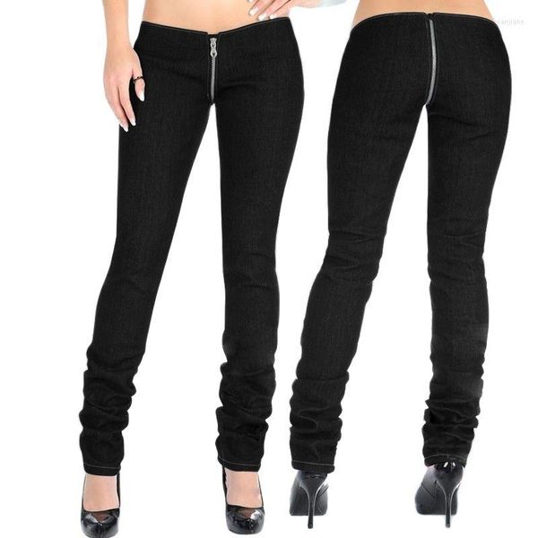 Pantalon femme automne maigre jambe droite jean sexe en plein air taille basse serré crayon U entrejambe fermeture éclair ouvert Stretch tricoté Denim