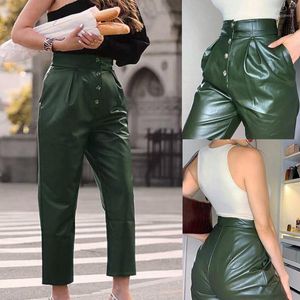 Damesbroek Autumn Winter Casual Streetwear Fashion ArmyGreen Leather Bill Breeches Capris