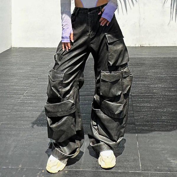 Pantalons pour femmes Automne Hiver Cool Beau Solide Brillant Faux Cuir Multi Pocket Work Wear Femmes avec taille haute Vêtements de créateurs de luxe