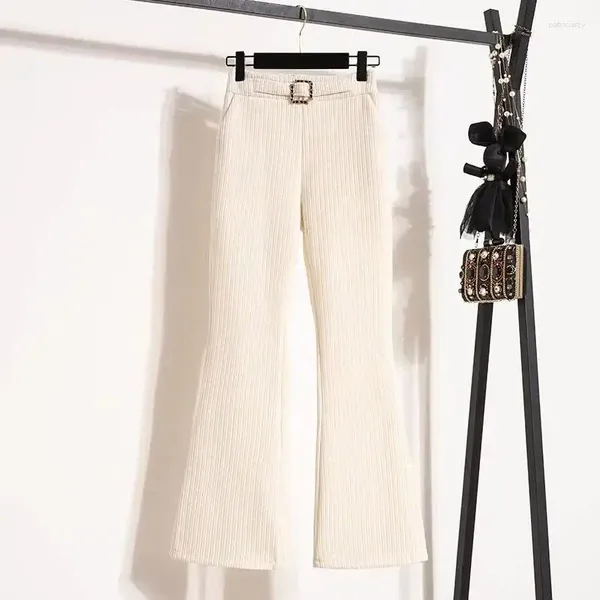 Pantalones de mujer Otoño Invierno hilo de tornillo sólido elástico cintura alta cinturón de bolsillo Casual pantalones de pierna ancha sueltos Vintage elegante