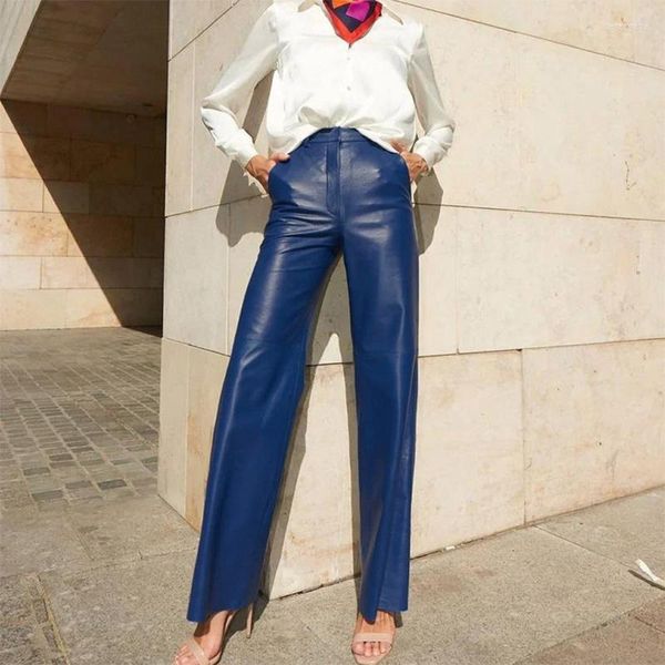 Pantalon femme Automne hiver femmes en cuir PU bleu mince taille haute pantalon droit femme 2023 élégant mode Streetwear dame pantalon