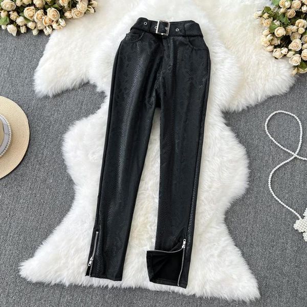 Pantalones de mujer Otoño Invierno mujer cuero coreano Casual negro cintura alta lápiz femenino PU Slim Oficina señoras pantalones