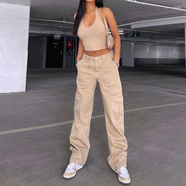 Pantalon Femme Automne Femmes Couleur Solide Cargo Taille haute Boucle de jambe droite Jeans avec poches Kaki Brown Baggy Pantalon décontracté Y2K