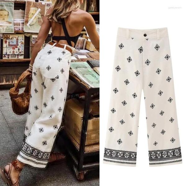 Pantalon féminin Ayuinin Casual High Linen Cotton Pant Pant d'été Summer Boho Beach Pantmènes Vintage Ethnique Floral Broderie Ligne large pour les femmes