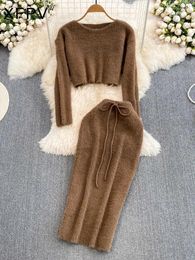 Damesbroek babyoung dames ronde nek imitatie nertsen wol gebreide trui hoge taille rok tweedelige set Koreaanse mode herfst winter 2024