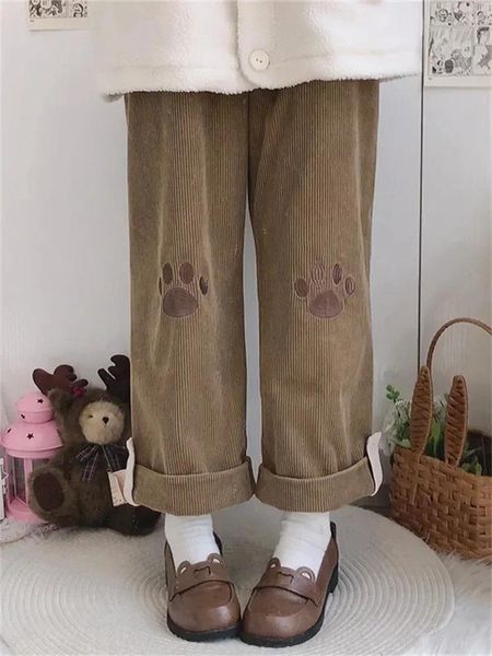 Pantalones de mujer Beige Harajuku Kawaii pana lindo estilo japonés Lolita marrón pantalones de pierna ancha bordado femenino dulce pantalón