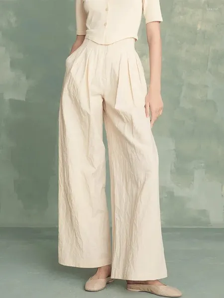 Pantalon femme lin Beige jambes larges taille haute plissé dames tempérament Simple pantalon droit 2023 printemps été