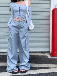 Pantalon féminin Benuyffy Streetwear Cargo surdimensionné Femmes Y2K Vintage Multi-poche haute taille pantalon de jambe large des filles 2024 printemps