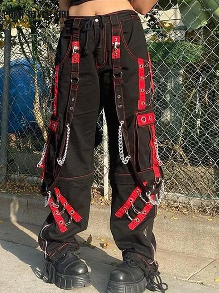 Pantalon féminin BF Hippie Grunge Rock Chain de rock ruine Tie Capris Cyber Punk Unisexe Cargo Ligne large Femmes Gothic Baggy Tableau