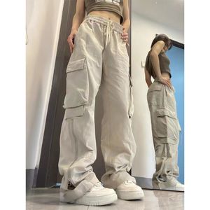 Pantalon femme grandes poches Cargo Y2k taille haute élastique cordon Baggy pantalon Vintage décontracté ample fermeture éclair latérale droite 230506