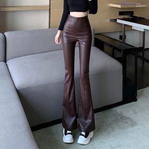 Pantalon féminin biyaby pu cuir mince flare pour femmes vintage haute taille hanche soulevant femme streetwear décontracté pantalon noir