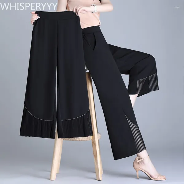 Pantalones de mujer de gasa negra de pierna ancha para mujer, ropa coreana, pantalones de moda para mujer, verano, cintura alta, recto, informal, salvaje