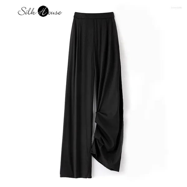 Pantalones de mujer de sarga elástica a cuadros con diamantes negros, crepé pesado, cintura plana, pierna recta, seda de morera Natural, informal