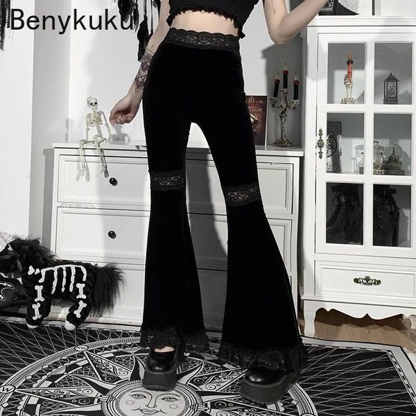 Pantalon femme noir centre commercial Goth taille haute évasé esthétique Sexy dentelle Patchwork pantalon femmes Vintage élégant Veet noël