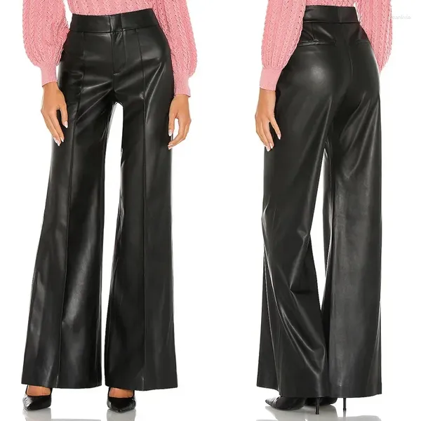 Pantalones de mujer negros de cuero PU holgados para mujer moda Otoño 2023 pantalones de oficina de pierna ancha de cintura alta ropa informal de trabajo elegante para mujer
