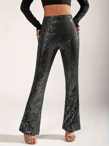 Pantalon Femme Pantalon Bling Pour Femmes Noir Argent Sparkling Paillettes Flare Relaxation De Taille Haute Jambe Large Élégant Sexy Convaincant