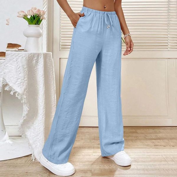 Pantalon féminin en coton bleu Femmes Vertical plissée cordon de crampe