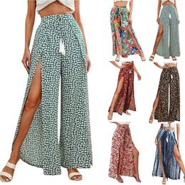 Damesbroek Boheemse vrouwen Flowy Wide Leg Summer Slit Beach Fashion Print High Tailed Baggy Trousers Pantalones de Mujer