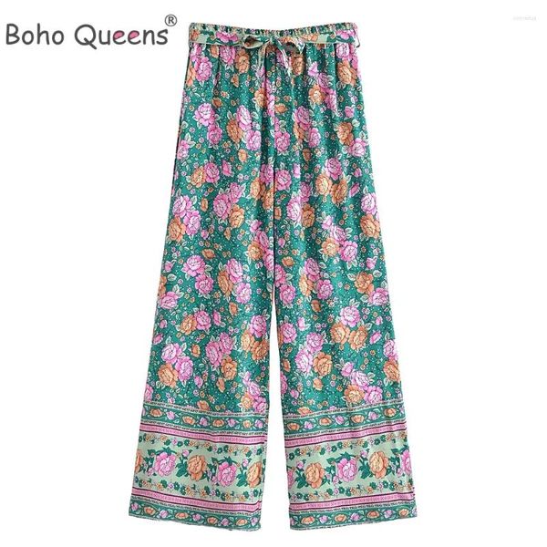 Pantalon Femme Boho Queens Femmes Floral Imprimer Bohème Large Jambe Pantalon Lady Gothique Taille Élastique Lâche Rayonne Longue Pantalon Occasionnel